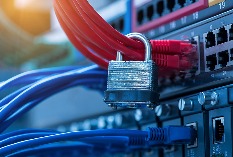 lock and network cables connected lock and network cables connected to router ports
